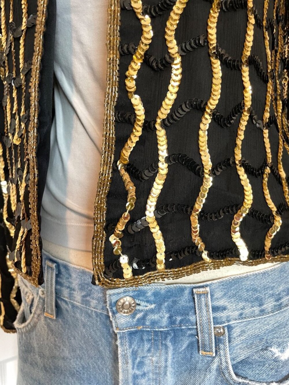 Vintage 1990s Nite Line Maximalist Black + Gold Silk Sequin Top Women’s Medium - Picture 8 of 16